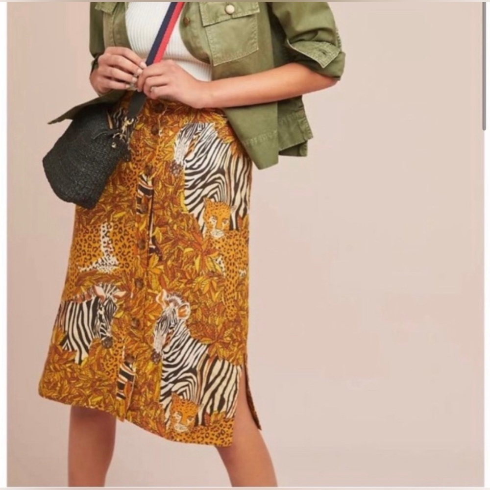 NWT Anthropologie Maeve Safari Animal Print Button Front Skirt